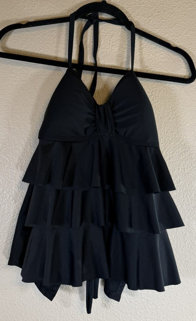 Catalina Womens Large Black Halter Open Back Tiered Tankini Swim Top